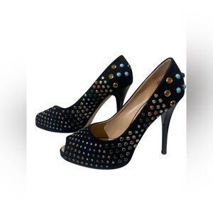 GIUSEPPE ZANOTTI Black Suede Cabochon-studded Open-toe Pumps Sz 6.5 36.5 $925